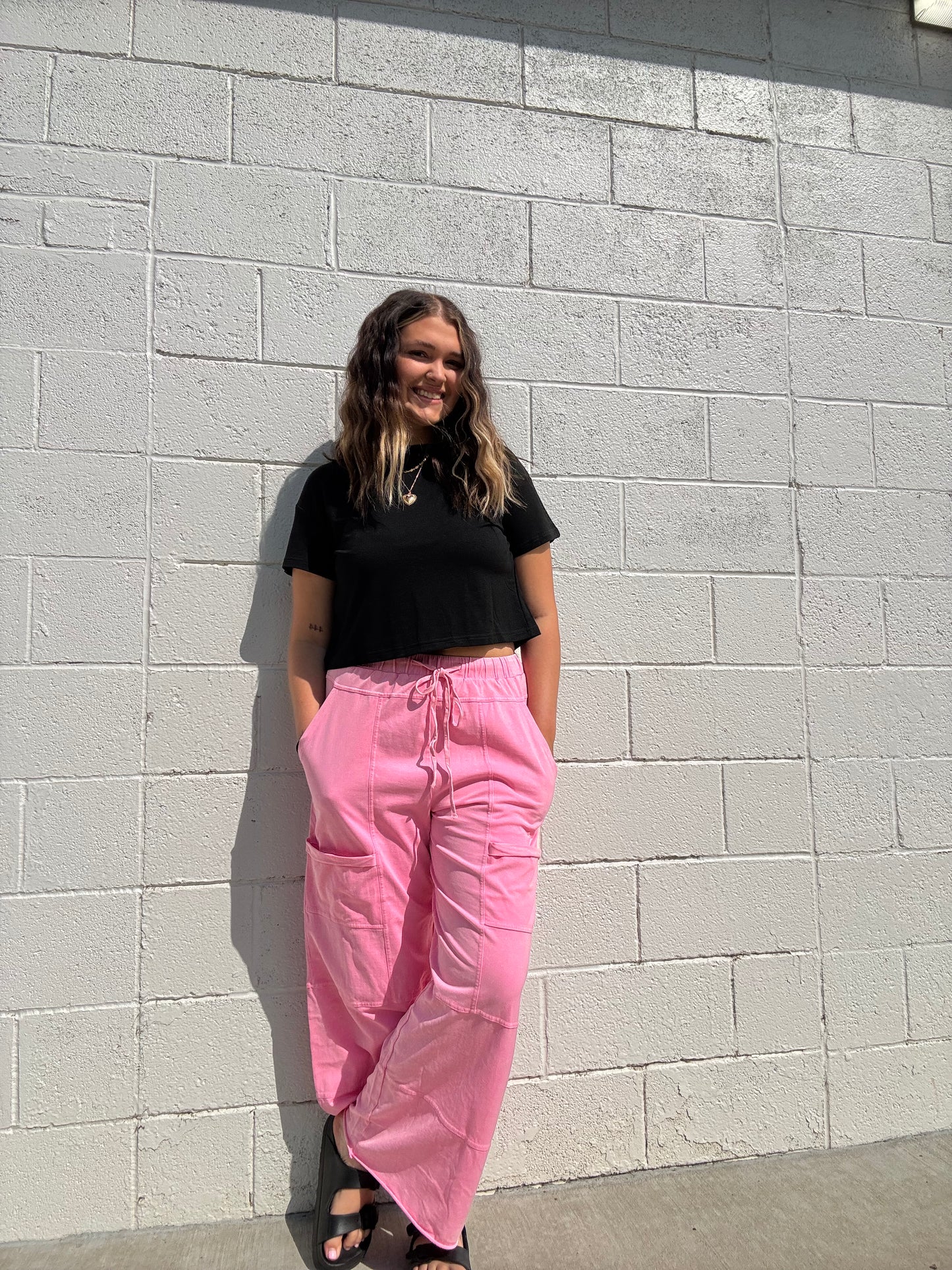 Pink Cargo Wide Leg Pants