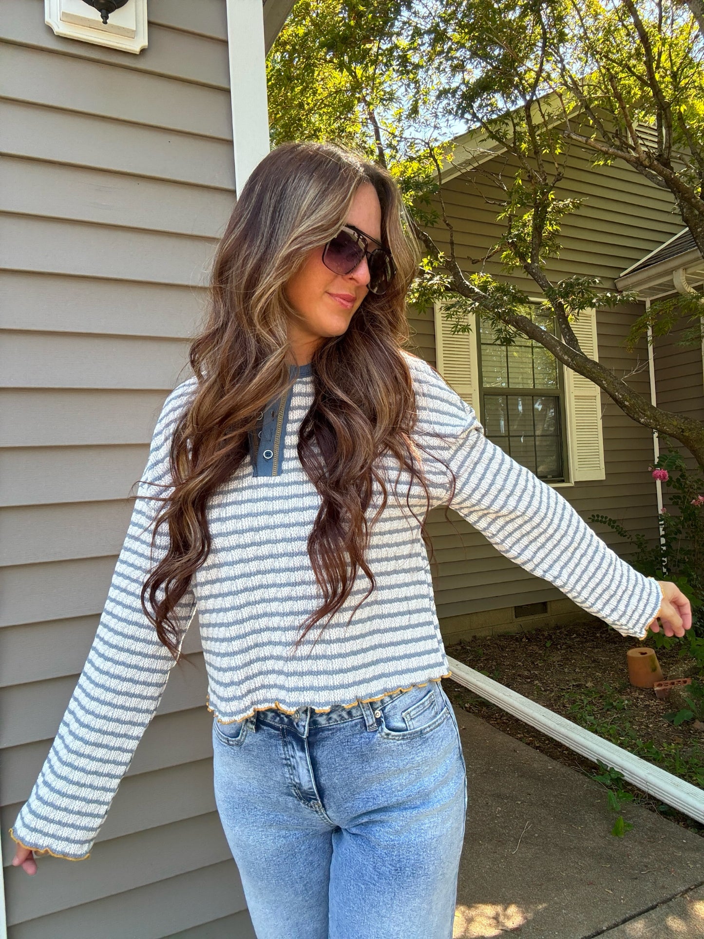 Ruffle Hem Striped Henley