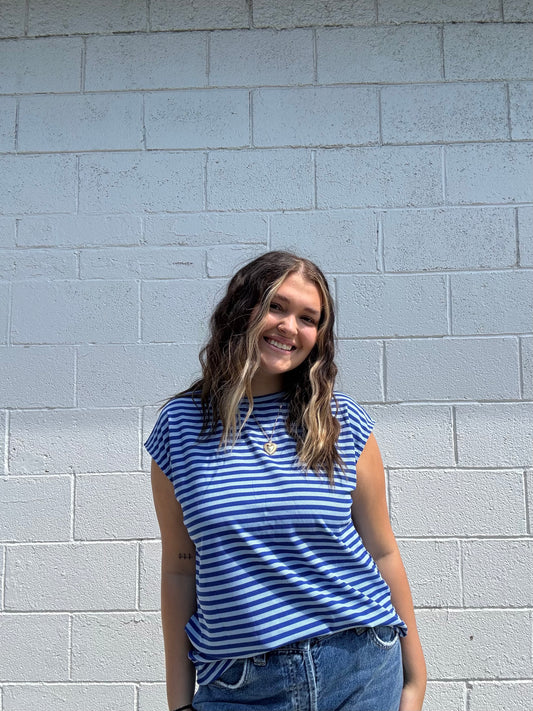 Cap Sleeve Blue Striped Top