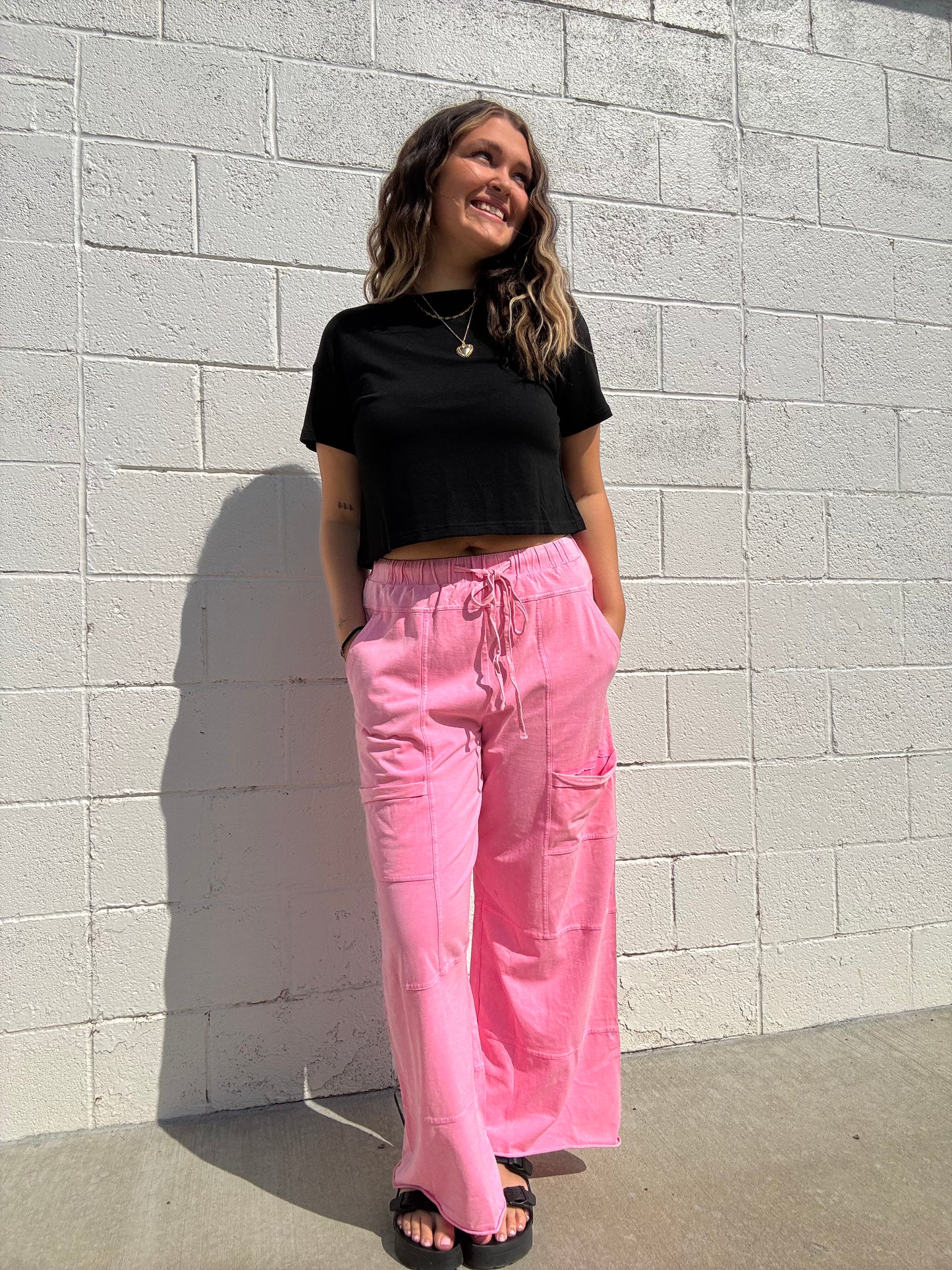 Pink Cargo Wide Leg Pants