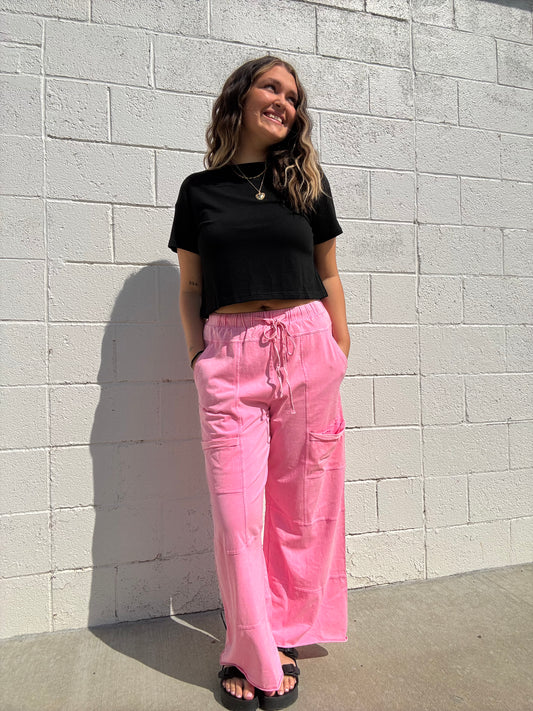 Pink Cargo Wide Leg Pants