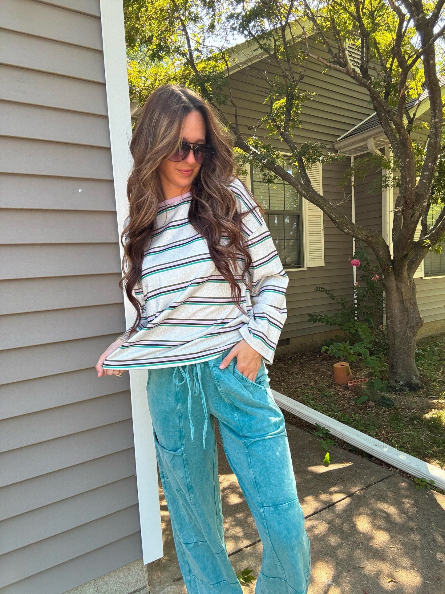 Teal Raw Hem Patched Pants