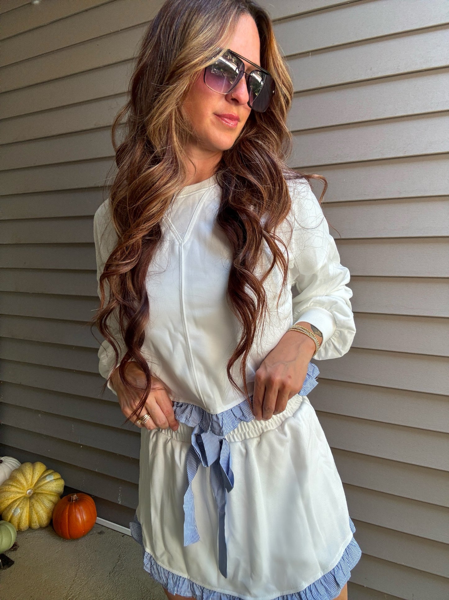 Ruffle Hem Long Sleeve Short Set